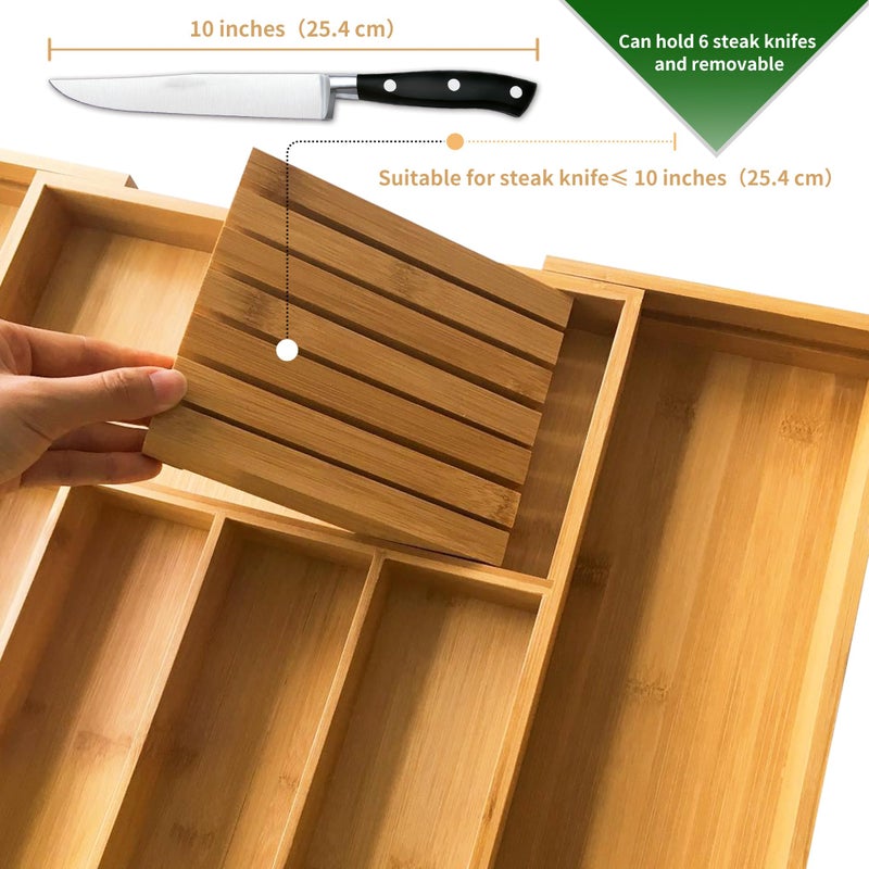 VaeFae Bamboo Silverware Drawer Organizer Kitchen, Expandable Utensil Organizer with Knife Block, Cutlery Tray with Divider, Multifunctional Drawer Organizer - Image 2